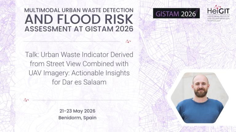 Event announcement for a talk on urban waste indicators and UAV imagery at GISTAM 2026 from May 21 to 23 in Benidorm, Spain, featuring HeiGIT logo and a pixelated portrait of a person in a blue shirt.