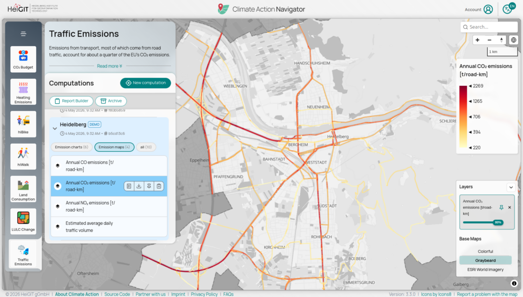 Map of Heidelberg showing streets color-coded by annual CO2 emissions from road traffic with a control panel for selecting emission data and computations
