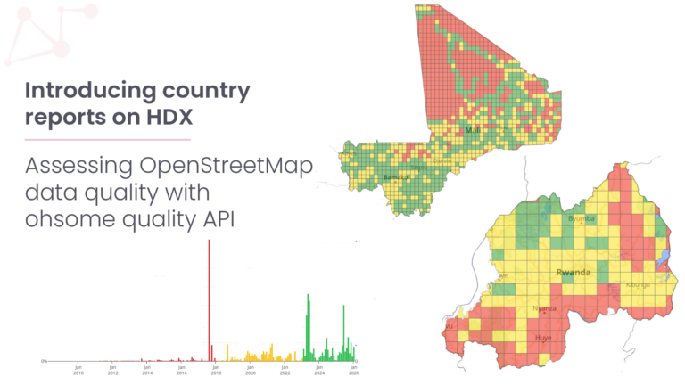 Map of Rwanda with colored squares showing OpenStreetMap data quality by district and a chart showing data quality development over time.