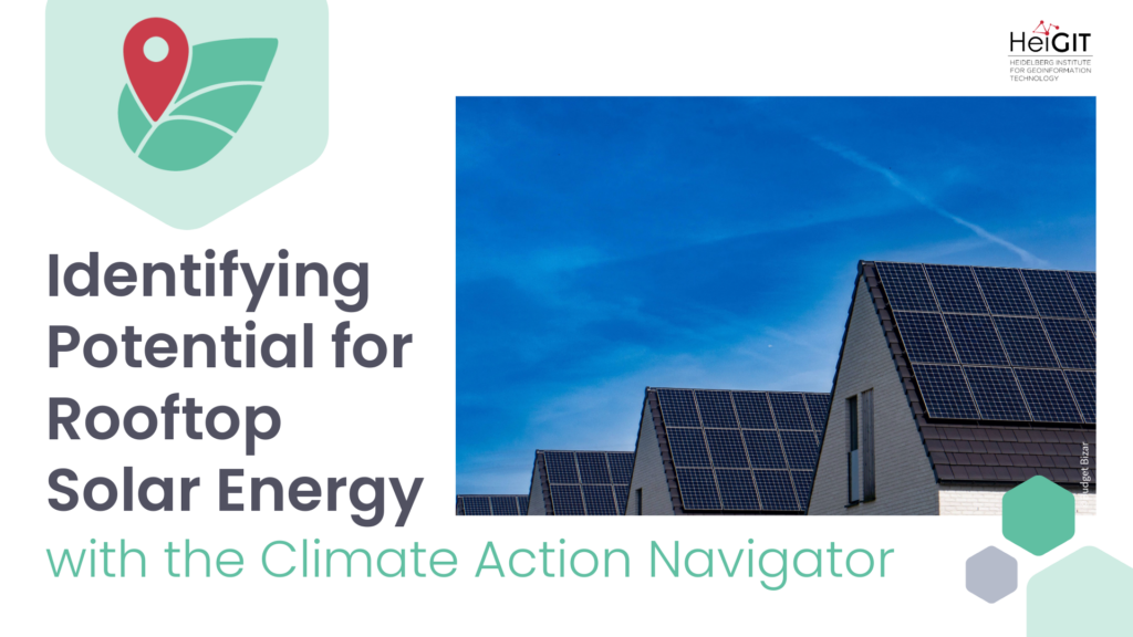 Rooftop solar panels on residential buildings under a clear blue sky alongside text about identifying potential for rooftop solar energy with the Climate Action Navigator