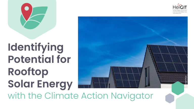 Rooftop solar panels on residential buildings under a clear blue sky alongside text about identifying potential for rooftop solar energy with the Climate Action Navigator