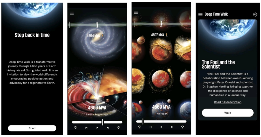 Four smartphone screens showing a time-travel app interface with a galaxy, Earth, planets, and text about 'Deep Time Walk' and 'The Fool and the Scientist' collaboration