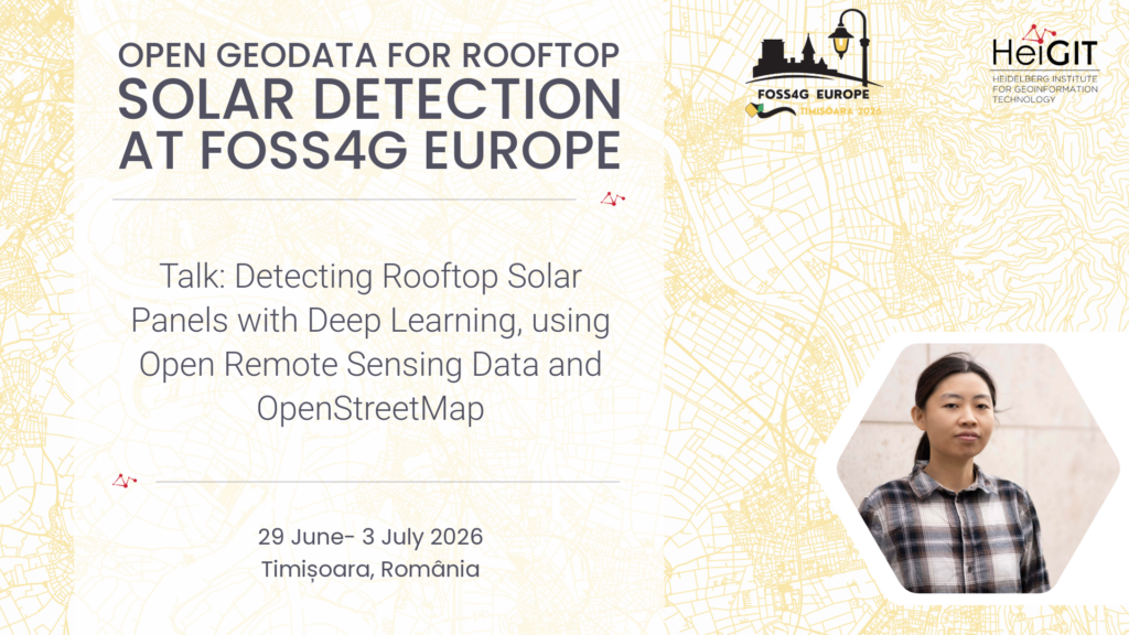 Conference slide titled 'Open Geodata for Rooftop Solar Detection at FOSS4G Europe' with details about a talk on detecting rooftop solar panels using deep learning and open remote sensing data, dated 29 June to 3 July 2026 in Timișoara, Romania, and a blurred portrait of a person in a checkered shirt.