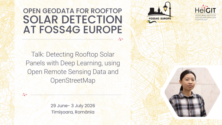 Conference slide titled 'Open Geodata for Rooftop Solar Detection at FOSS4G Europe' with details about a talk on detecting rooftop solar panels using deep learning and open remote sensing data, dated 29 June to 3 July 2026 in Timișoara, Romania, and a blurred portrait of a person in a checkered shirt.