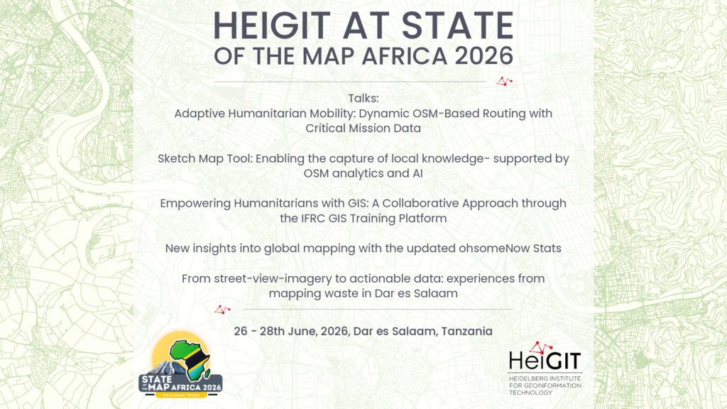Conference agenda titled 'HEIGIT AT STATE OF THE MAP AFRICA 2026' listing talks on humanitarian mobility, GIS training, mapping insights, and data experiences, with logos for State of the Map Africa 2026 and HEIGIT Heidelberg Institute for Geoinformation Technology