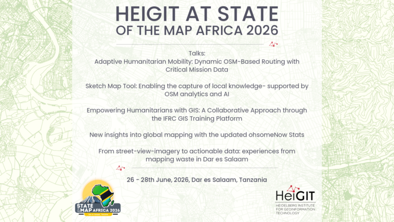Conference agenda titled 'HEIGIT AT STATE OF THE MAP AFRICA 2026' listing talks on humanitarian mobility, GIS training, mapping insights, and data experiences, with logos for State of the Map Africa 2026 and HEIGIT Heidelberg Institute for Geoinformation Technology