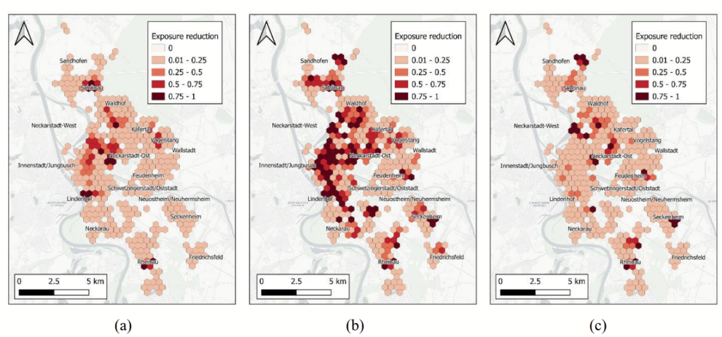 Three hexagonal heat maps showing exposure reduction in a region with labeled towns and a scale bar