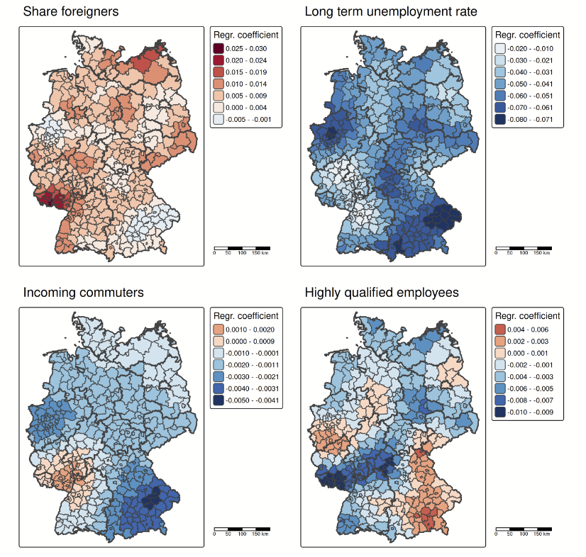 Four maps of Germany showing regional variations in share of foreigners, long-term unemployment rate, incoming commuters, and highly qualified employees with color-coded regression coefficients.