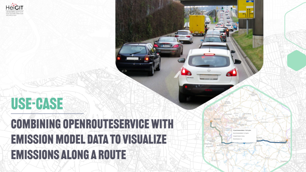 Road scene showing multiple vehicles in traffic on a multi-lane road with a yellow delivery van on the right and Heig-IT logo and text about Openrouteservice and emission models on the left.
