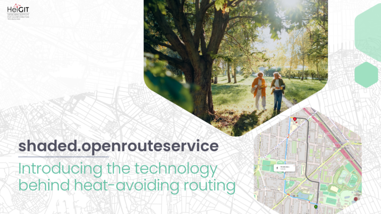the image shows people walking in a park and a screenshot of the shaded.openrouteservice