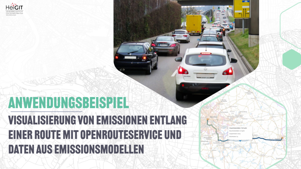 Straßenszene mit mehreren Fahrzeugen im Stau auf einer mehrspurigen Straße, rechts ein gelber Lieferwagen, links eine Heig-IT-Logoschrift und Text zu Openrouteservice und Emissionsmodellen.