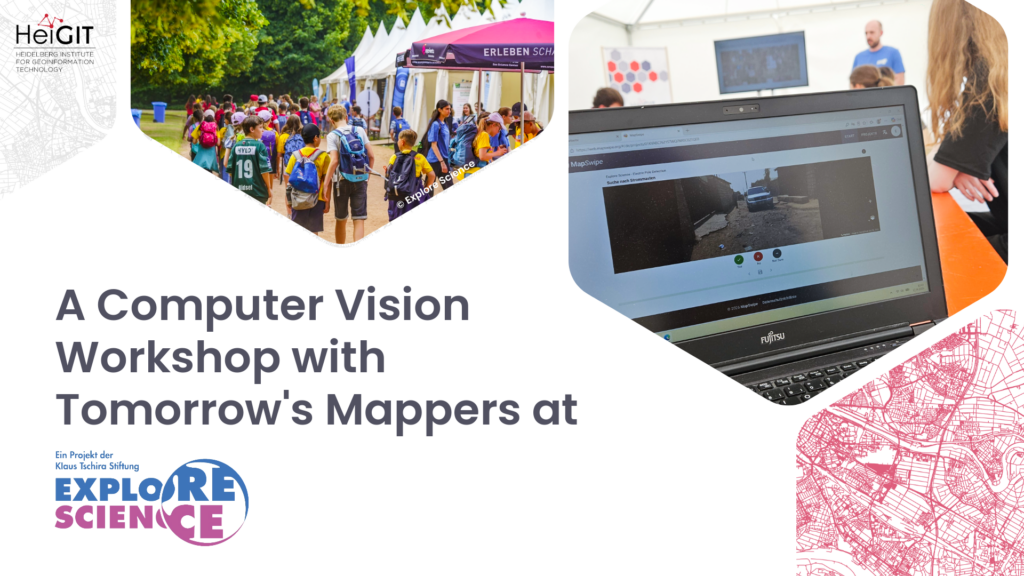Outdoor event with people walking near white tents and a laptop showing a computer vision interface on a table indoors with people in the background