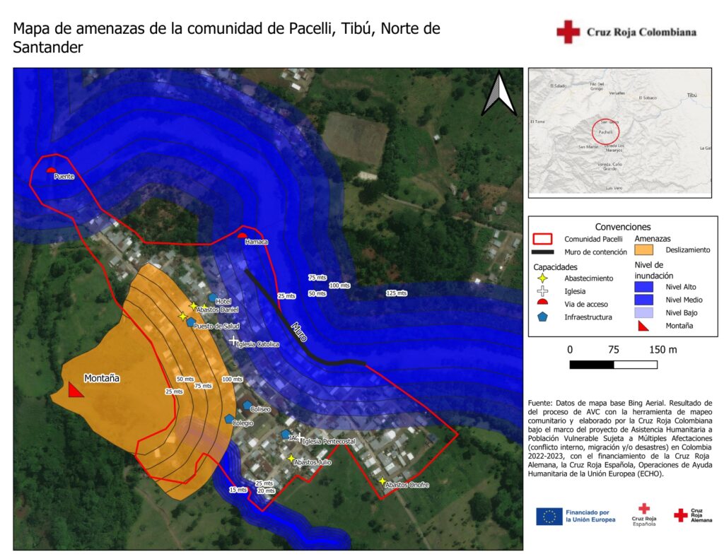 Map showing flood risk zones around Pacelli community in Tibú, Norte de Santander, with color-coded flood levels, mountain area, and key infrastructure marked within a red boundary line