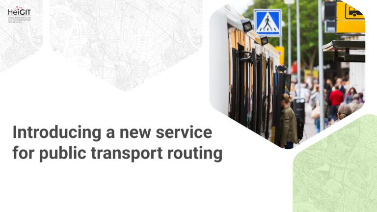 Presentation slide with text 'Introducing a new service for public transport routing' and a photo of a bus at a stop with people nearby