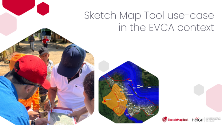 Group of people outdoors looking at a map and a hexagonal inset showing a digital map with highlighted zones