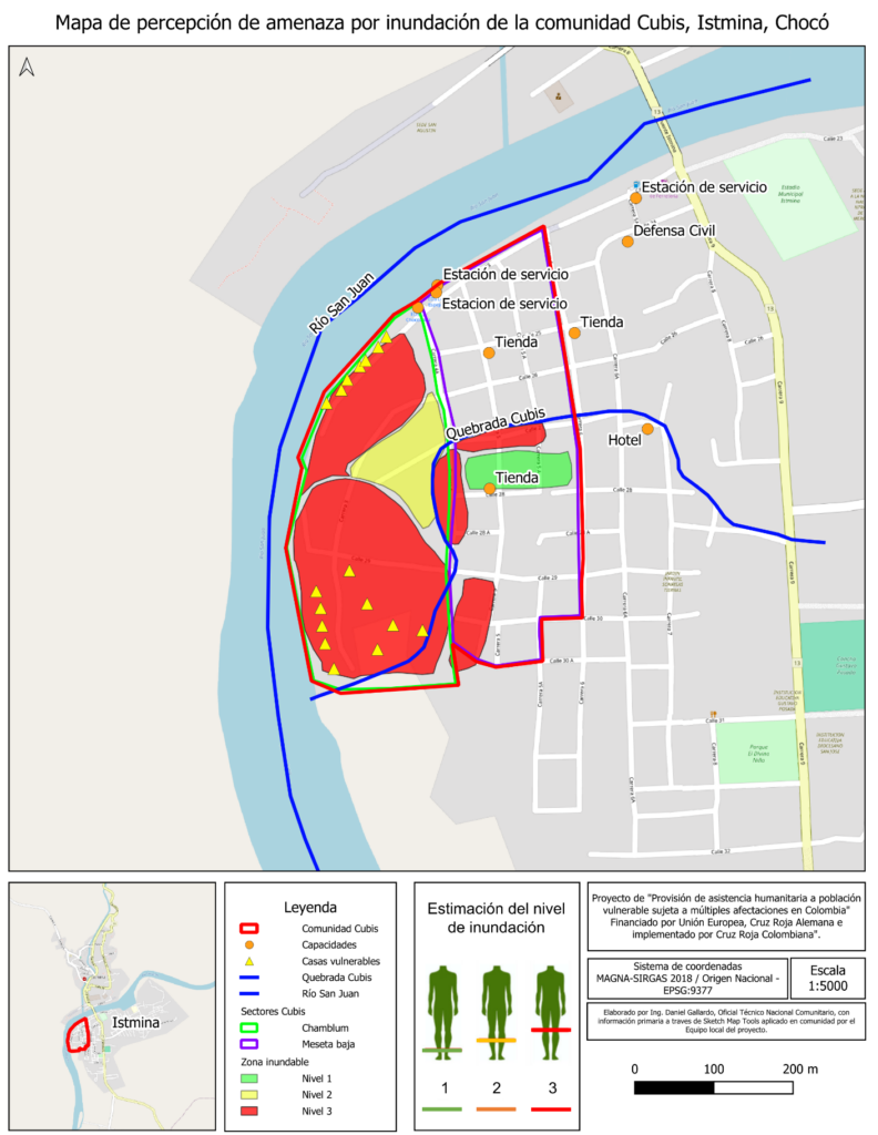 Map showing flood threat perception in the Cubis community, Istmina, Chocó, with marked flood zones, community sectors, and service points