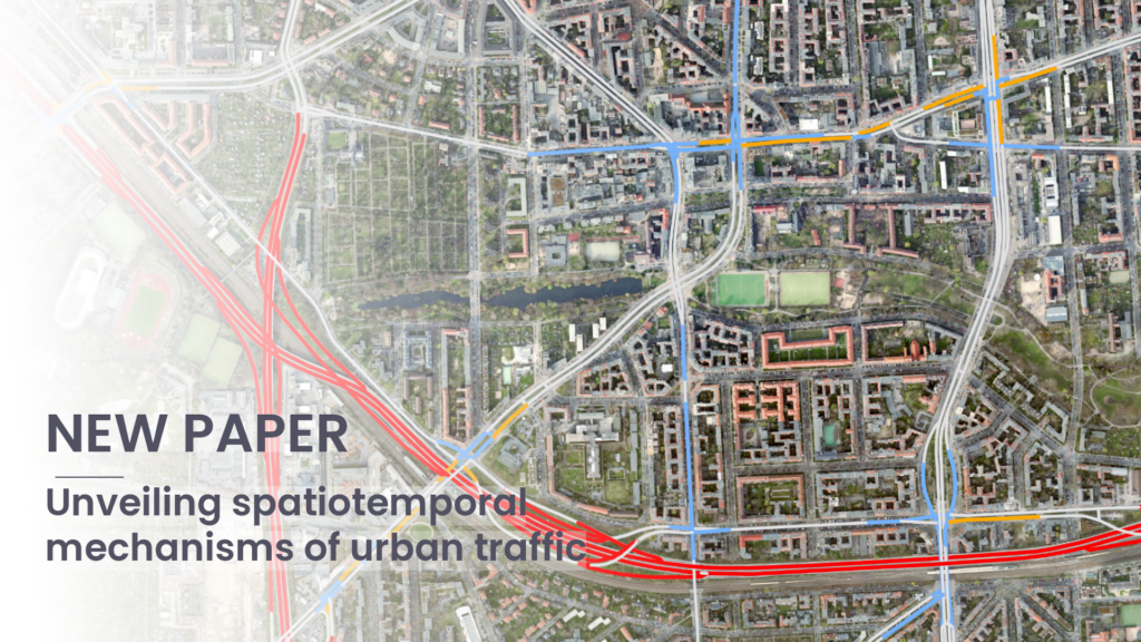 Aerial view of a city with roads highlighted in red and blue overlaid with text 'NEW PAPER Unveiling spatiotemporal mechanisms of urban traffic'