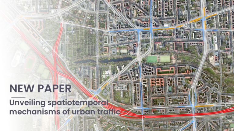 Aerial view of a city with roads highlighted in red and blue overlaid with text 'NEW PAPER Unveiling spatiotemporal mechanisms of urban traffic'