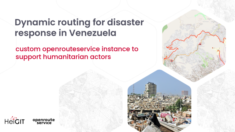 Map with a red route line and a photo of a disaster area with collapsed buildings and rubble