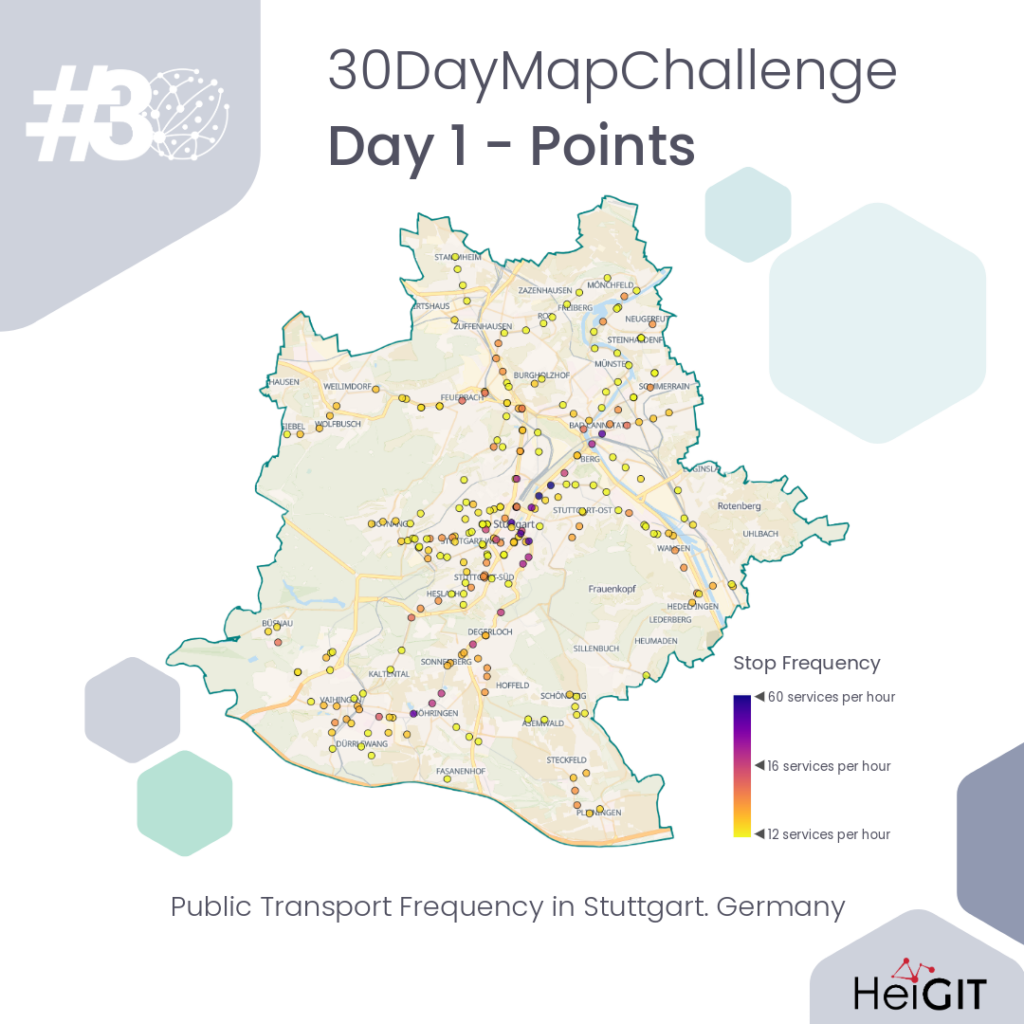 Map of Stuttgart, Germany, showing public transport stop frequency with points colored from yellow to purple indicating 12 to 60 services per hour