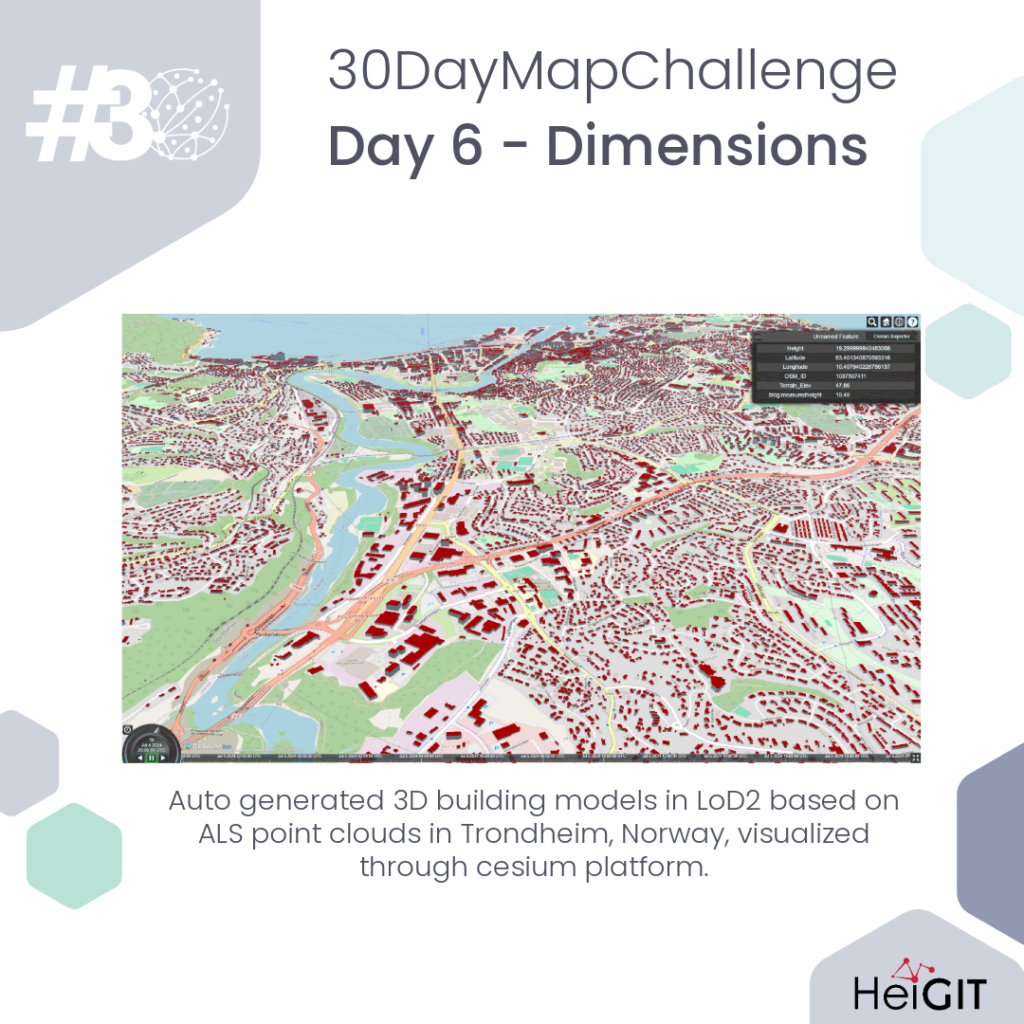 3D map showing auto-generated building models in LoD2 based on ALS point clouds in Trondheim, Norway, with a river and urban layout