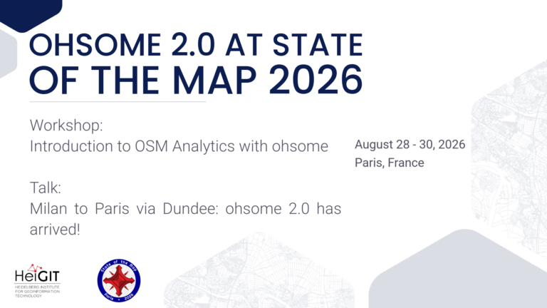 Poster with text about OHSOME 2.0 at State of the Map 2026 workshop and talk details including dates August 28-30, 2026, and location Paris, France, with logos of Heigit and another organization