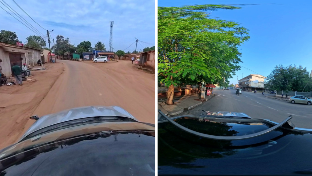 View from a vehicle driving on two different urban streets with sparse traffic and buildings on both sides