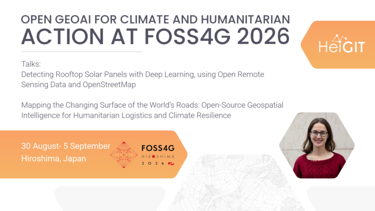 Conference slide titled 'Open GeoAI for Climate and Humanitarian Action at FOSS4G 2026' with talk topics listed and a small portrait of a woman on the right