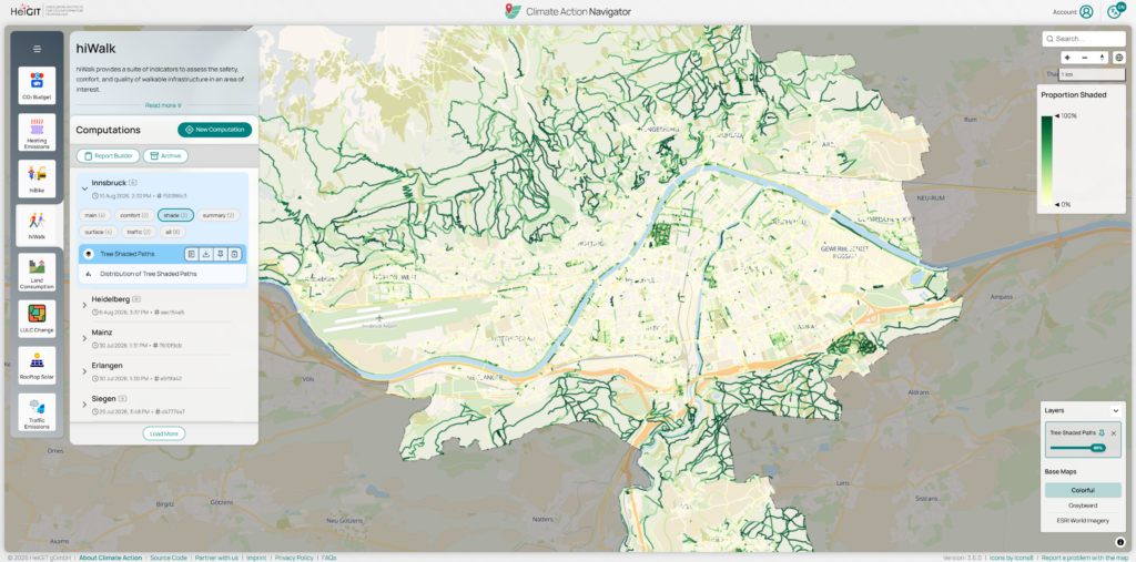 Map interface showing green lines representing tree data over a city area with a sidebar listing locations and options for computations and layers