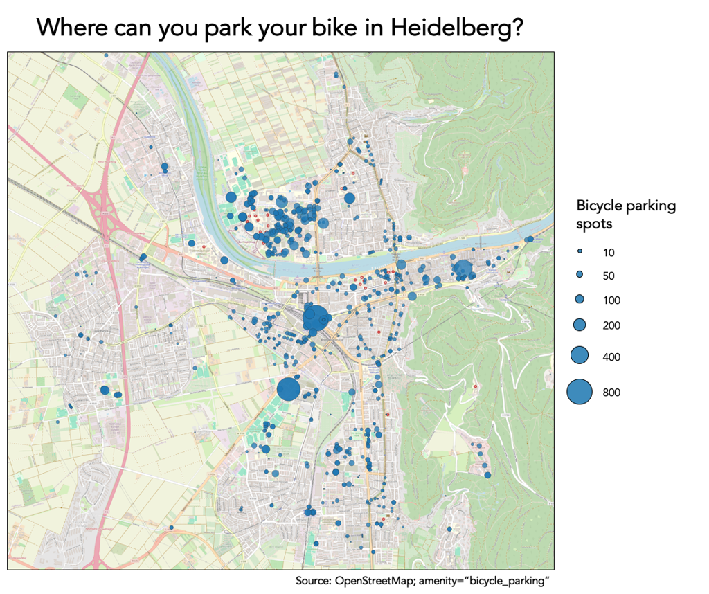 Map of Heidelberg showing bicycle parking spots represented by blue circles of varying sizes indicating capacity