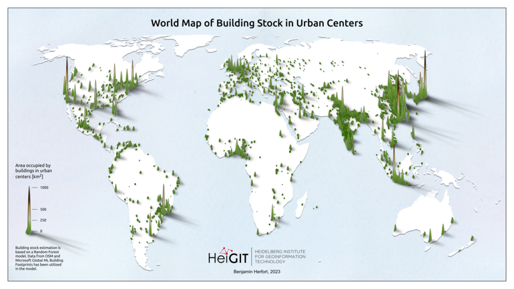 World map showing building stock density in urban centers with green vertical bars of varying heights representing area occupied by buildings