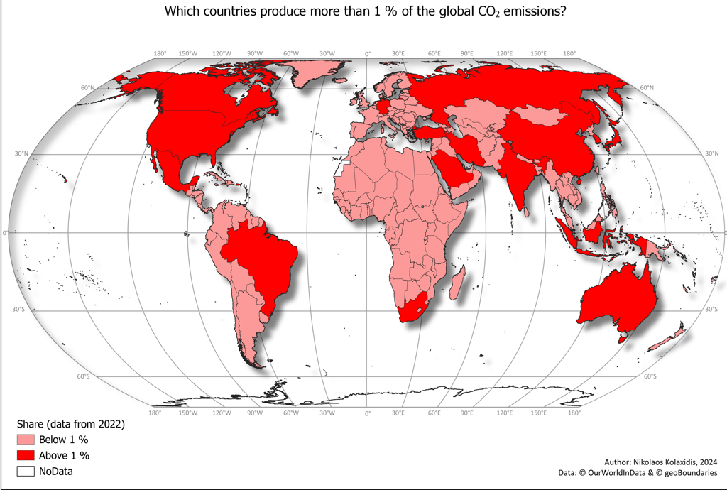 World map highlighting countries producing more than 1% of global CO2 emissions in 2022 in dark red and those below 1% in light red