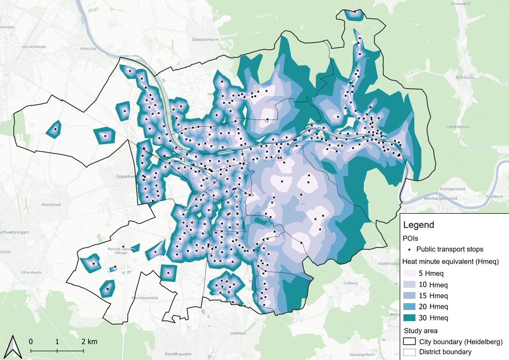 Map showing public transport stops and heat minute equivalent zones within city and district boundaries of Heidelberg