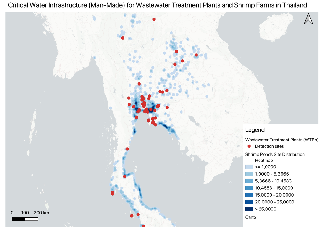 Map of Thailand showing locations of wastewater treatment plants marked with red dots and shrimp pond site distribution heatmap in varying shades of blue