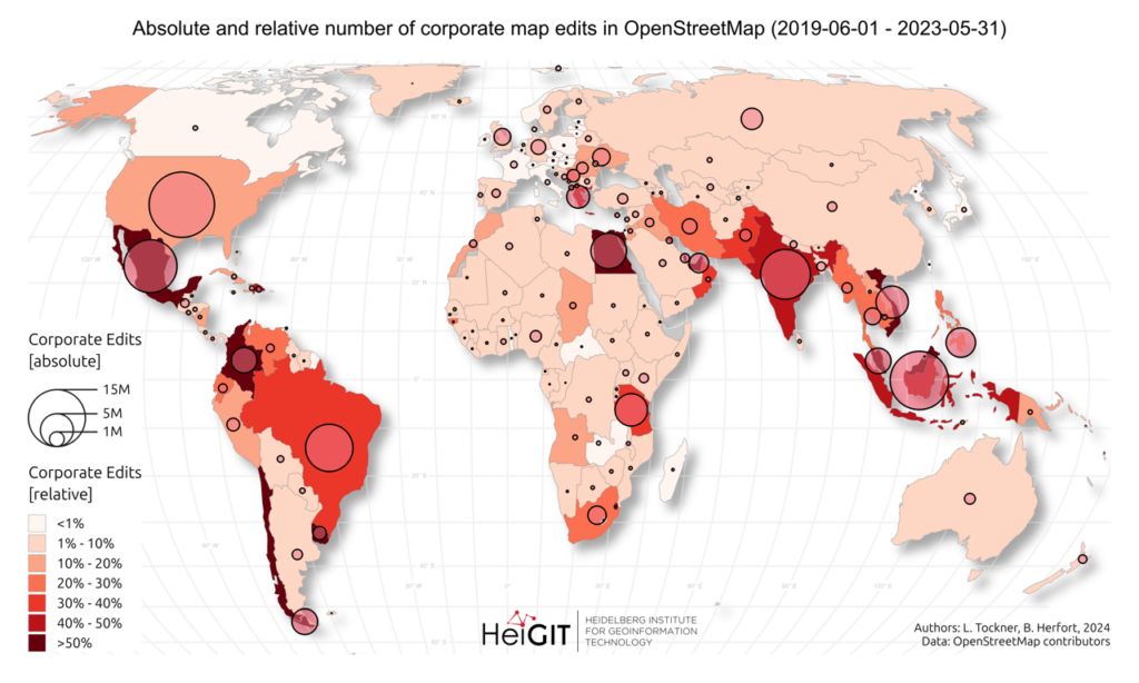 World map showing absolute and relative numbers of corporate map edits in OpenStreetMap from June 2019 to May 2023 with varying circle sizes and color intensities indicating edit volumes and proportions by country
