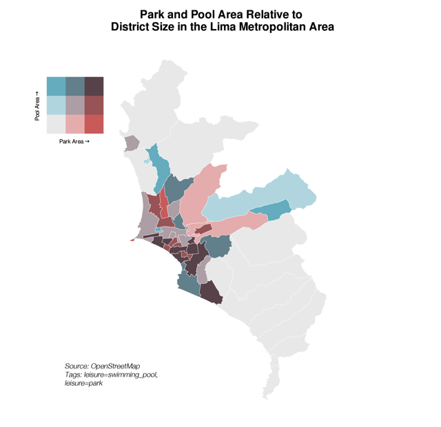 Map of Lima Metropolitan Area districts shaded by relative park and pool area sizes with a color legend showing park area on the horizontal axis and pool area on the vertical axis