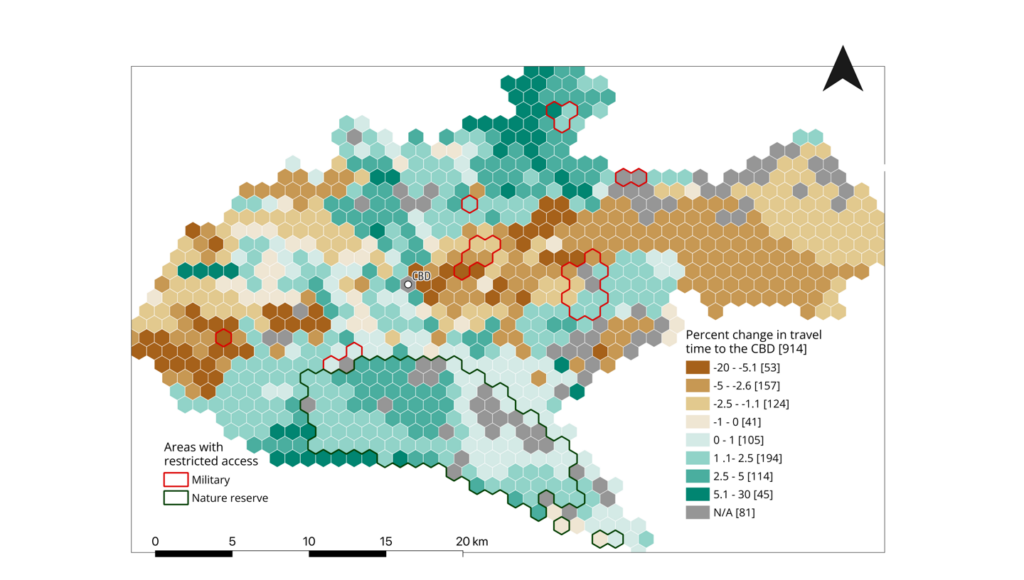 Hexagonal grid map showing percent change in travel time to the CBD with color-coded legend and marked areas for military, nature reserve, and restricted access zones