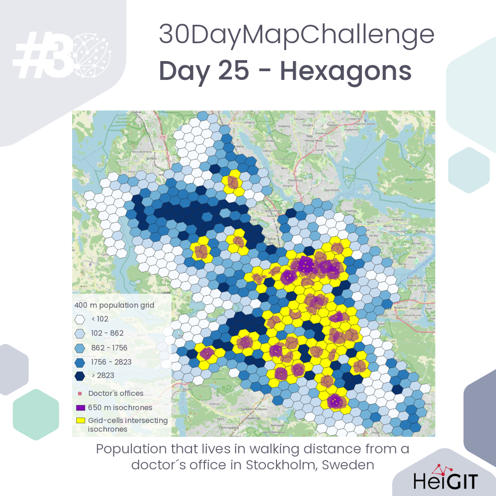 Map of Stockholm, Sweden, showing population density in hexagons with color-coded ranges and highlighted areas for doctor's offices, 650 m isochrones, and grid cells intersecting isochrones