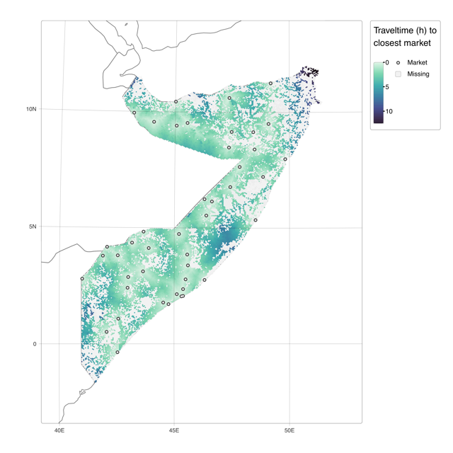 Map of Somalia showing travel time in hours to the closest market with a color gradient from light green to dark blue and market locations marked by circles