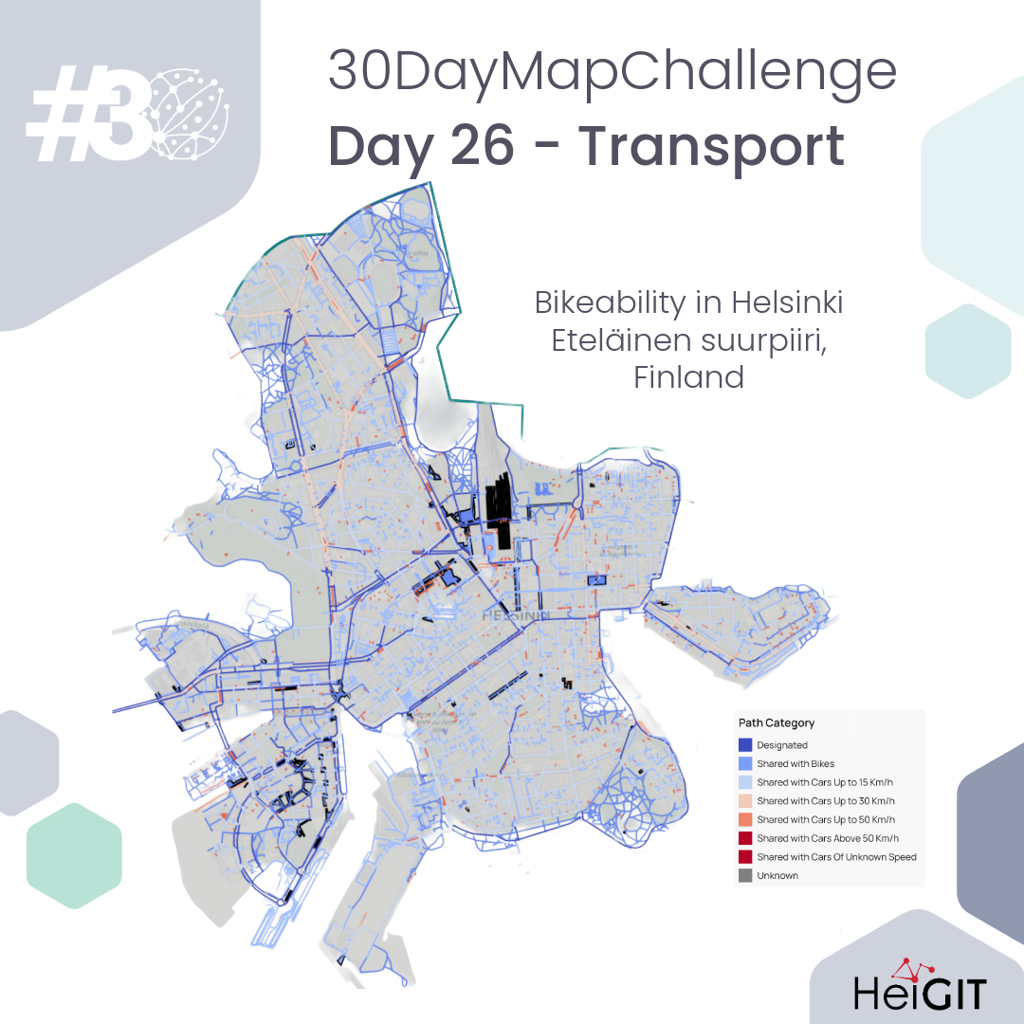 Map showing bikeability in Helsinki with paths categorized by type and speed limits
