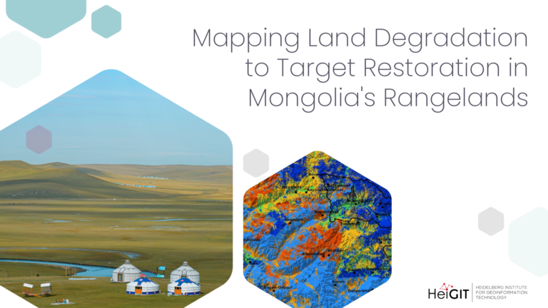 Hexagonal photo of Mongolian rangelands with yurts and a river next to a hexagonal map showing land degradation in various colors