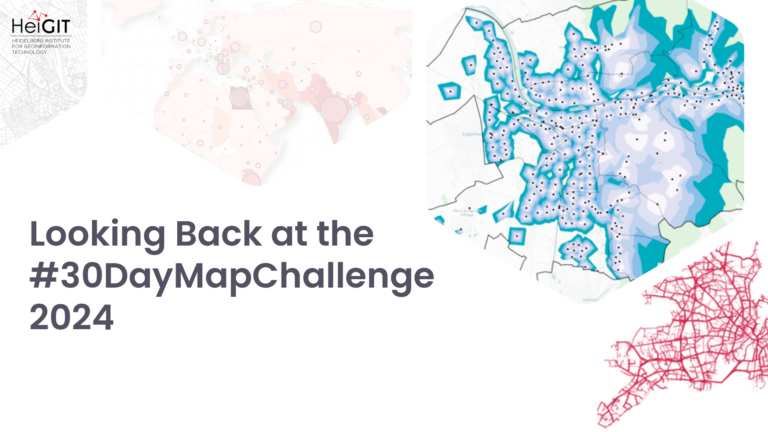 Map with blue and purple shaded areas and black dots on the right and red network lines on the bottom right with text 'Looking Back at the #30DayMapChallenge 2024' on the left