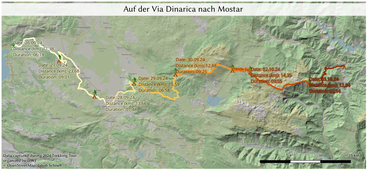 Map showing a route along the Via Dinarica to Mostar with dates, distances, and durations marked at several points
