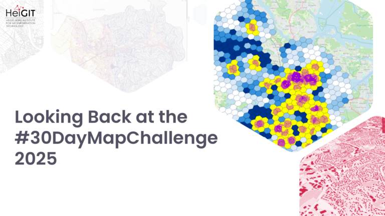 Hexagonal grid map with color-coded data points and a faint background map, accompanied by text 'Looking Back at the #30DayMapChallenge 2025' and the HeiGIT logo