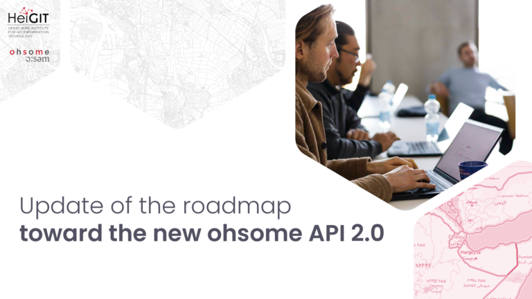 Three people working on laptops in a meeting room with a map on a screen and text reading 'Update of the roadmap toward the new ohsome API 2.0'