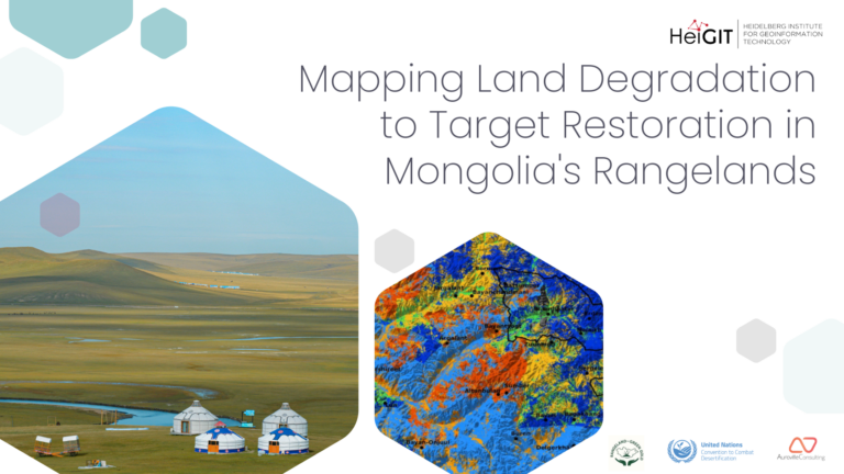 Hexagonal photo of Mongolian rangelands with yurts and a river next to a hexagonal map showing land degradation in various colors