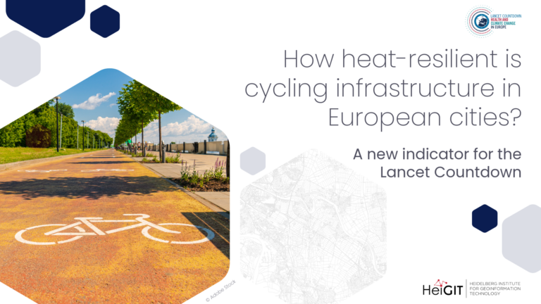 title: "How heat-resilient is cycling infrastructure in European cities? A new indicator for the Lancet Countdown". The graphic also shows a cycling road exposed to the sun.