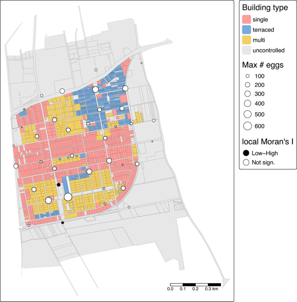 Map showing building types by color and maximum number of eggs by circle size with local Moran's I significance indicated by black or white fill
