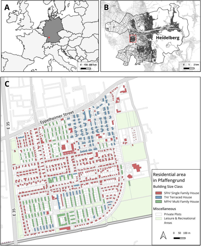 Three maps showing Germany with a marked location in the southwest, a detailed map of Heidelberg with a highlighted area, and a street map of a residential area in Pfaffengrund with buildings color-coded by size class and areas marked for private plots and leisure and recreational use