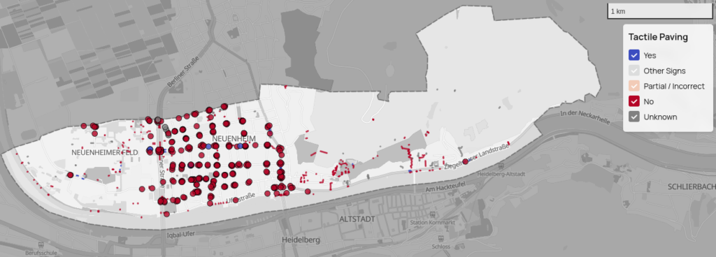 Map showing tactile paving locations marked with red, blue, and gray dots across a city area with labeled neighborhoods and streets